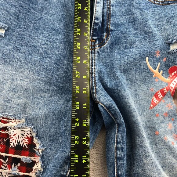 Women Jeans Large Skinny Leg Distressed Christmas Reindeer Y2K Casual Blue Denim - Picture 6 of 16